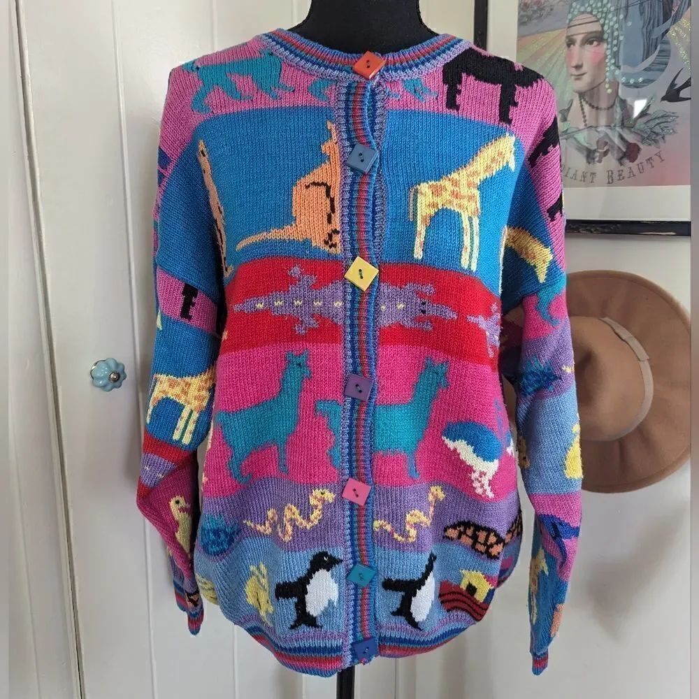 VTG Grannycore Christine Foley Noah’s Ark Cardigan Sweater Animals Circus 2